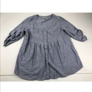 J. Jill Blue V Neck Button Blouse Roll Tab Size L